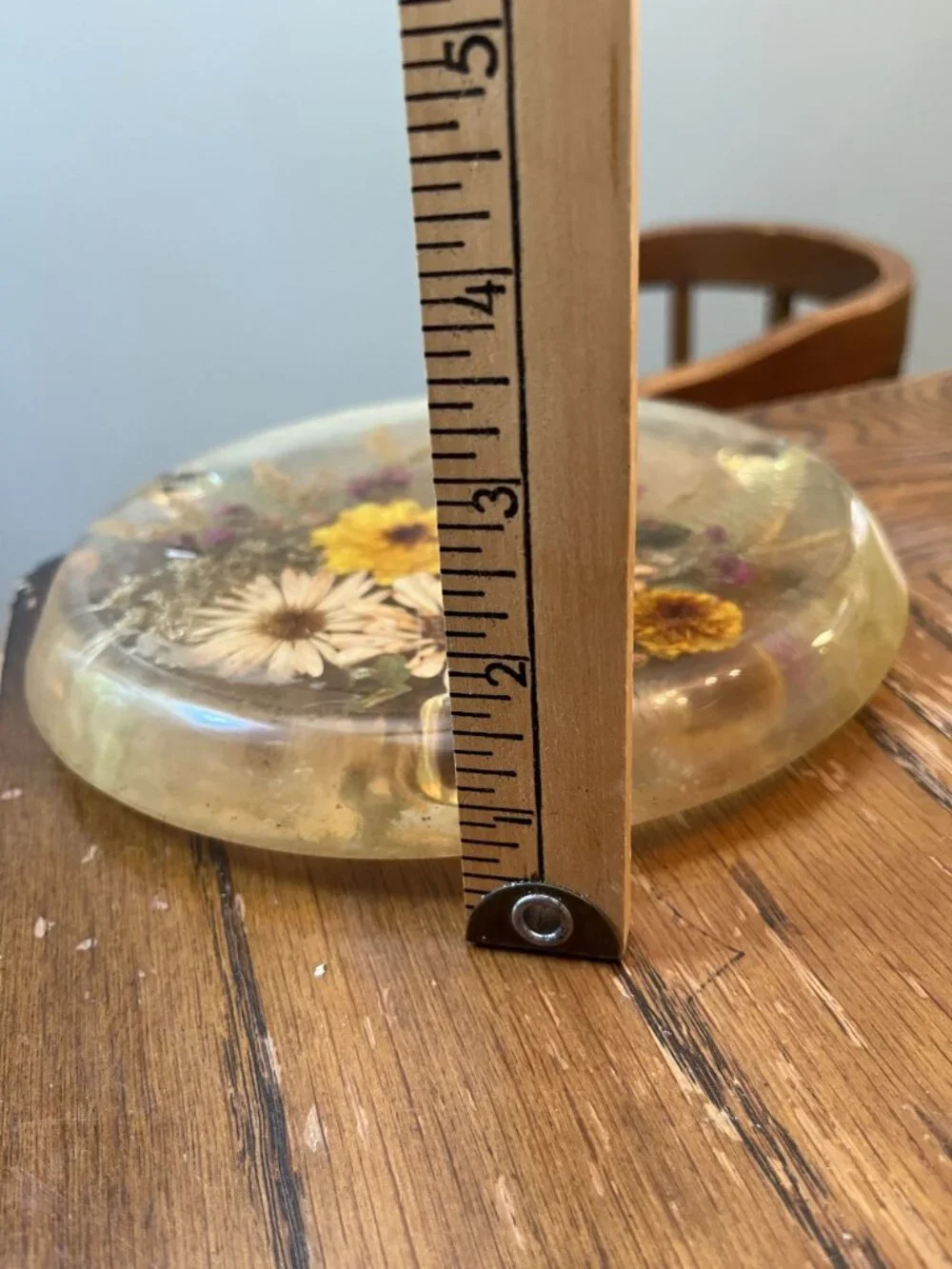 Vintage 70's MCM Lucite Footed Trivet with Dried Pressed Flowers 8.5”